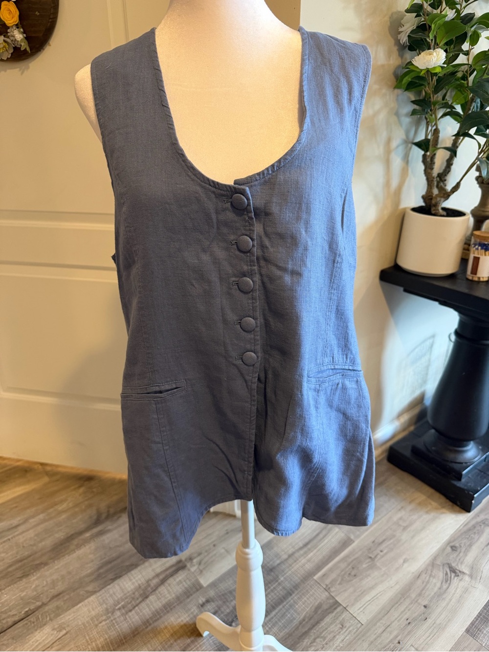 Free People Womens Slate Blue Button Front Linen Tank Top